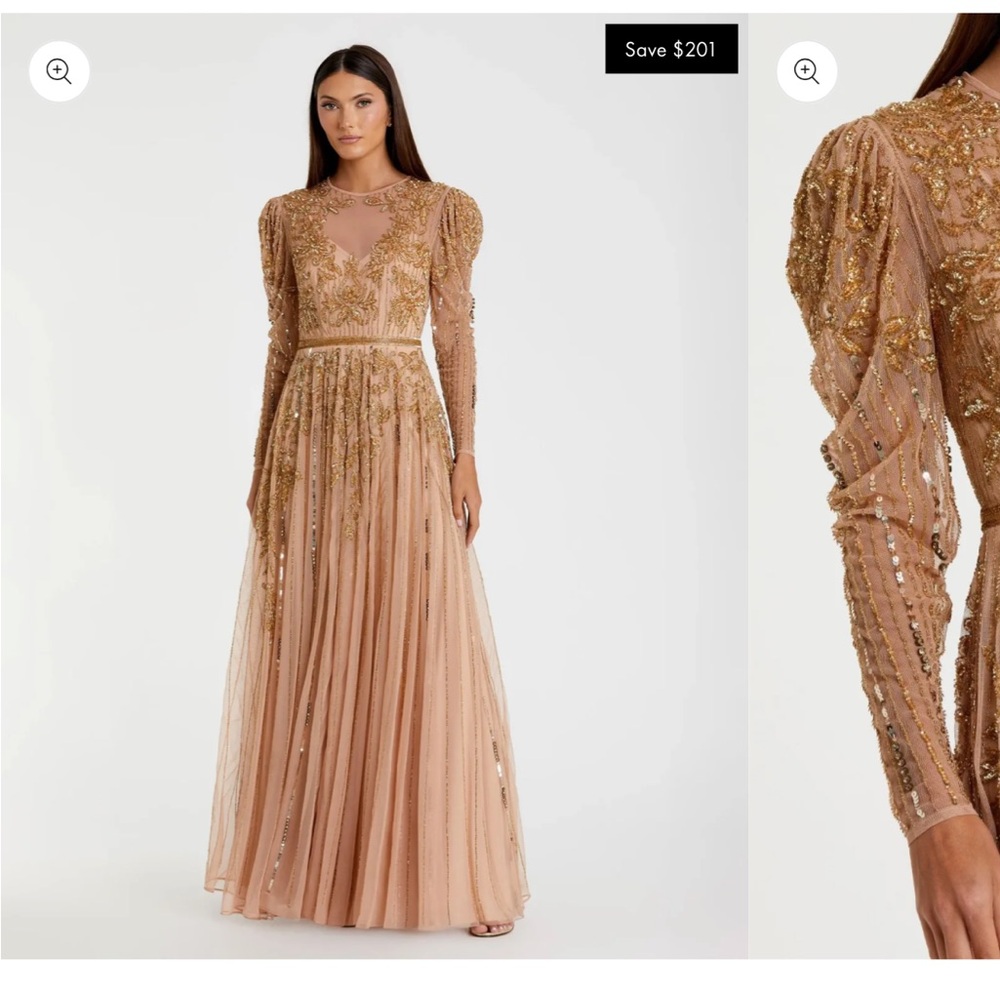 Mac Duggal Gold Embellished Long Sleeve Gown